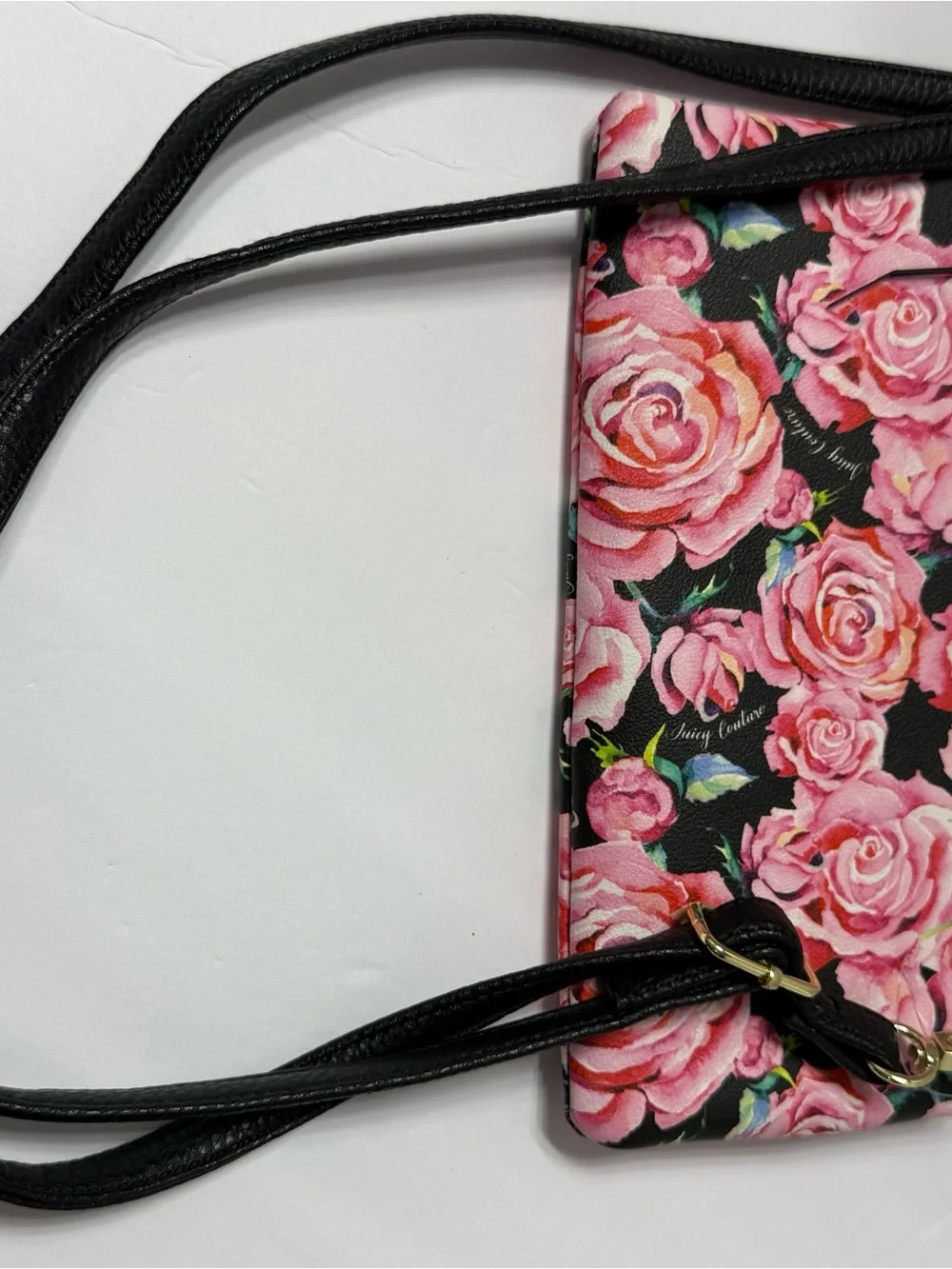 Juicy Couture Pink Rose Print Crossbody with Black Trim
